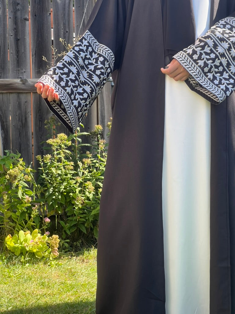 Blossoms Open Linen Abaya - Apparels F M